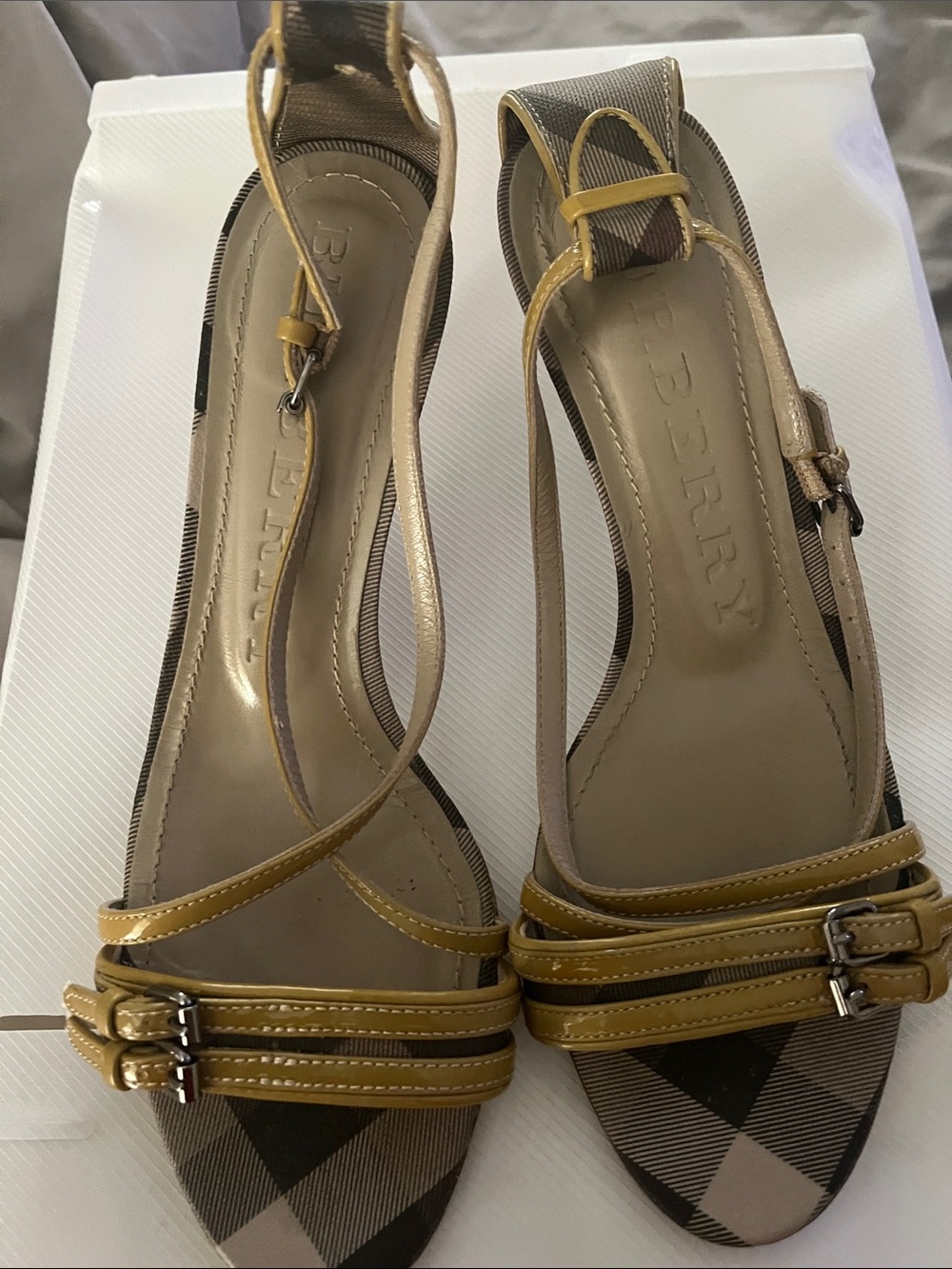 Burberry Beige Tan Check Slingback Sandals with Yellow Straps